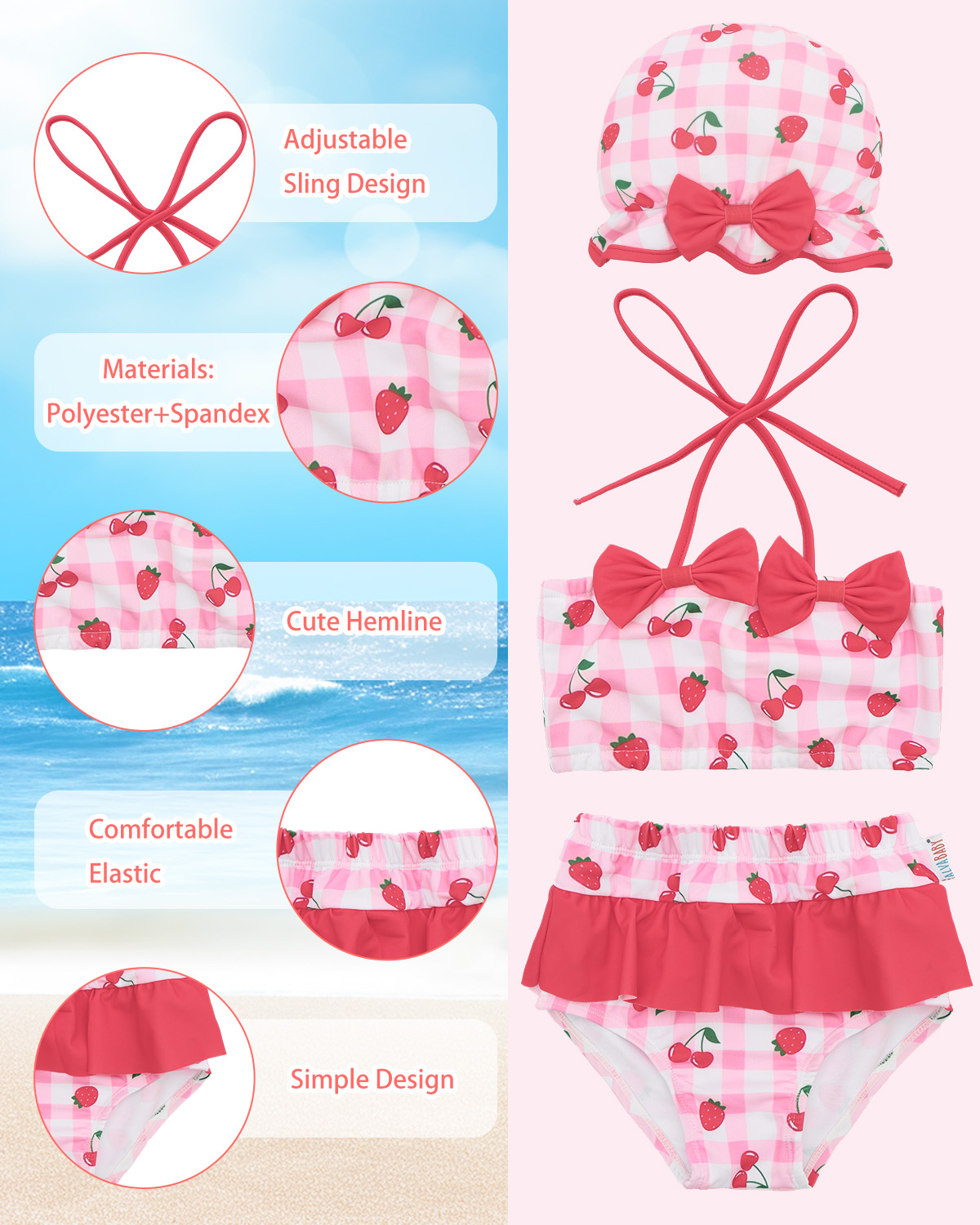 ALVABABY Toddler Baby Girl Swimsuit with Hat – Sleeveless Reusable Bathing Suit Bikini for Summer Beach & Pool（Strawberry, ST-O1)