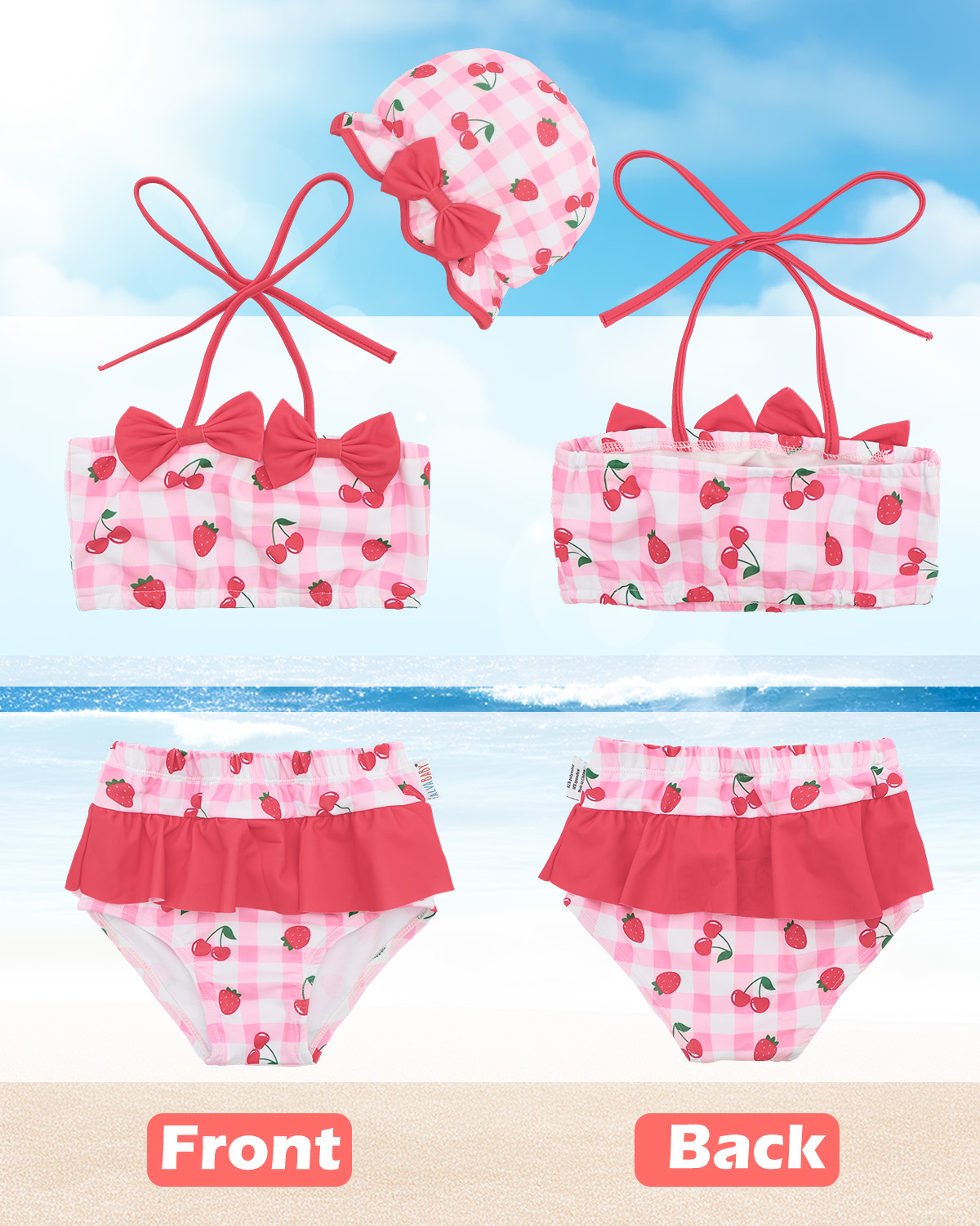 ALVABABY Toddler Baby Girl Swimsuit with Hat – Sleeveless Reusable Bathing Suit Bikini for Summer Beach & Pool（Strawberry, ST-O1)