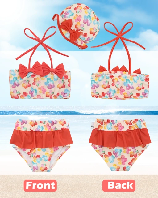 ALVABABY Toddler Baby Girls Swimsuit with Hat – Sleeveless Reusable Bathing Suit Bikini for Summer Beach & Pool