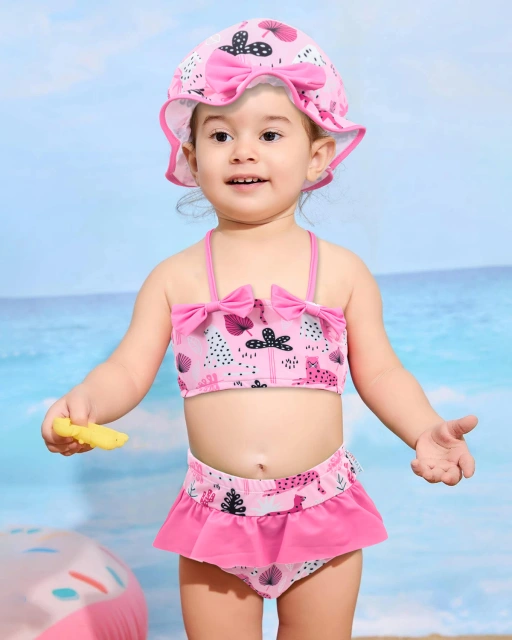 ALVABABY Toddler Baby Girls Swimsuit with Hat – Sleeveless Reusable Bathing Suit Bikini for Summer Beach & Pool