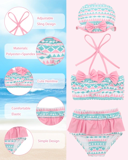 ALVABABY Toddler Baby Girls Swimsuit with Hat – Sleeveless Reusable Bathing Suit Bikini for Summer Beach & Pool