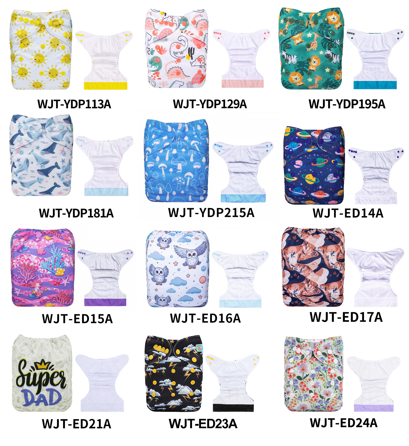 (Multi-packs) 10PCS Positioning AWJ Cloth Diapers with Tummy Panels One Size Reusable Adjustatble Cloth Baby Diapers(With 10 Inserts)
