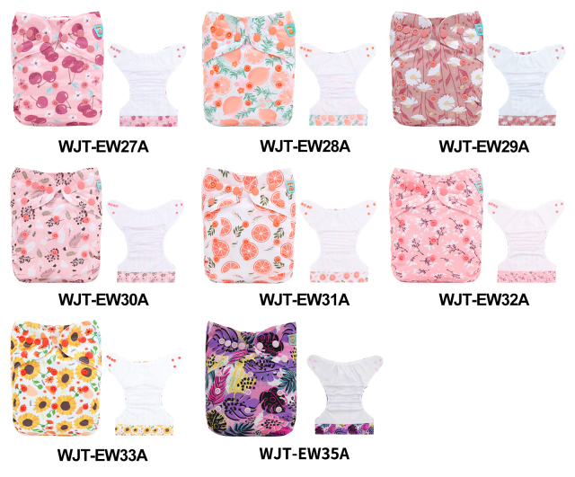 (Multi-packs) 50PCS Printed AWJ Cloth Diapers with Tummy Panels One Size Reusable Adjustatble Cloth Baby Diapers(With 50 Inserts)