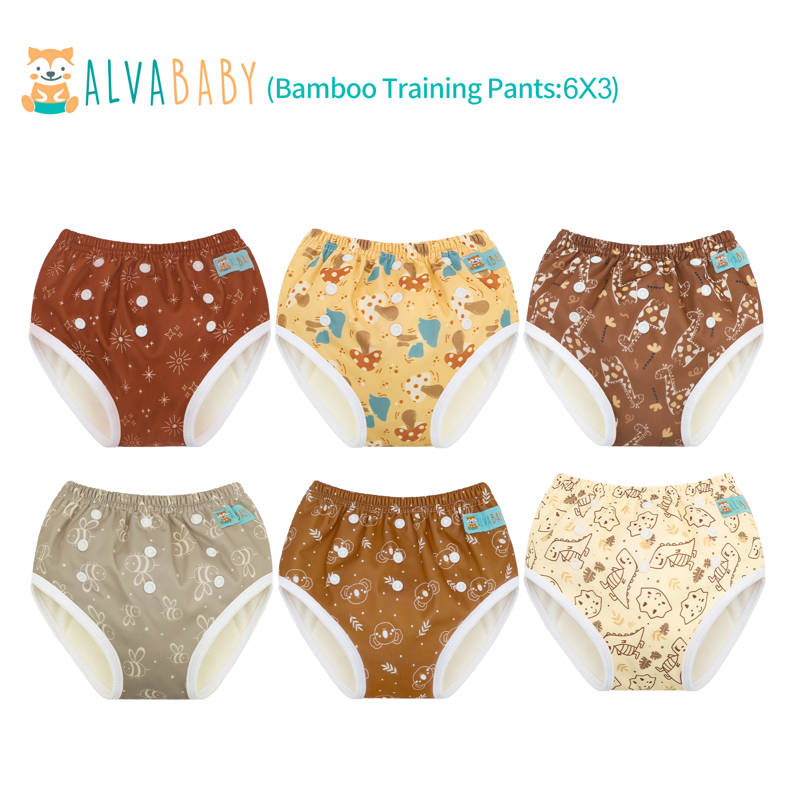 6-Pack Bamboo Training Pants – Adjustable & Reusable Potty Training Underwear for Toddlers (Various Pattern Sets)