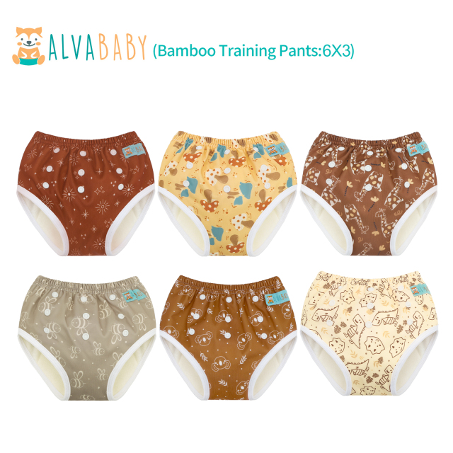 6-Pack Bamboo Training Pants – Adjustable & Reusable Potty Training Underwear for Toddlers (Various Pattern Sets)