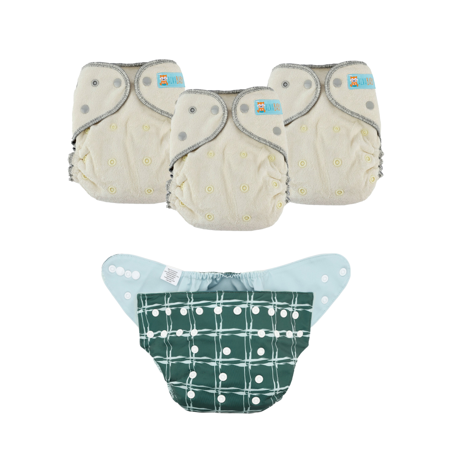 Bundle of 3 Bamboo Fitted Cloth Diapers with 1 Diaper Shell