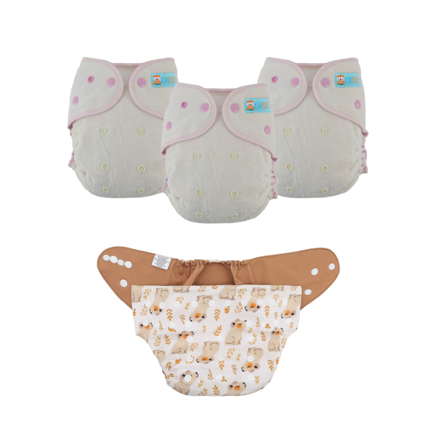 Bundle of 3 Bamboo Fitted Cloth Diapers with 1 Diaper Shell