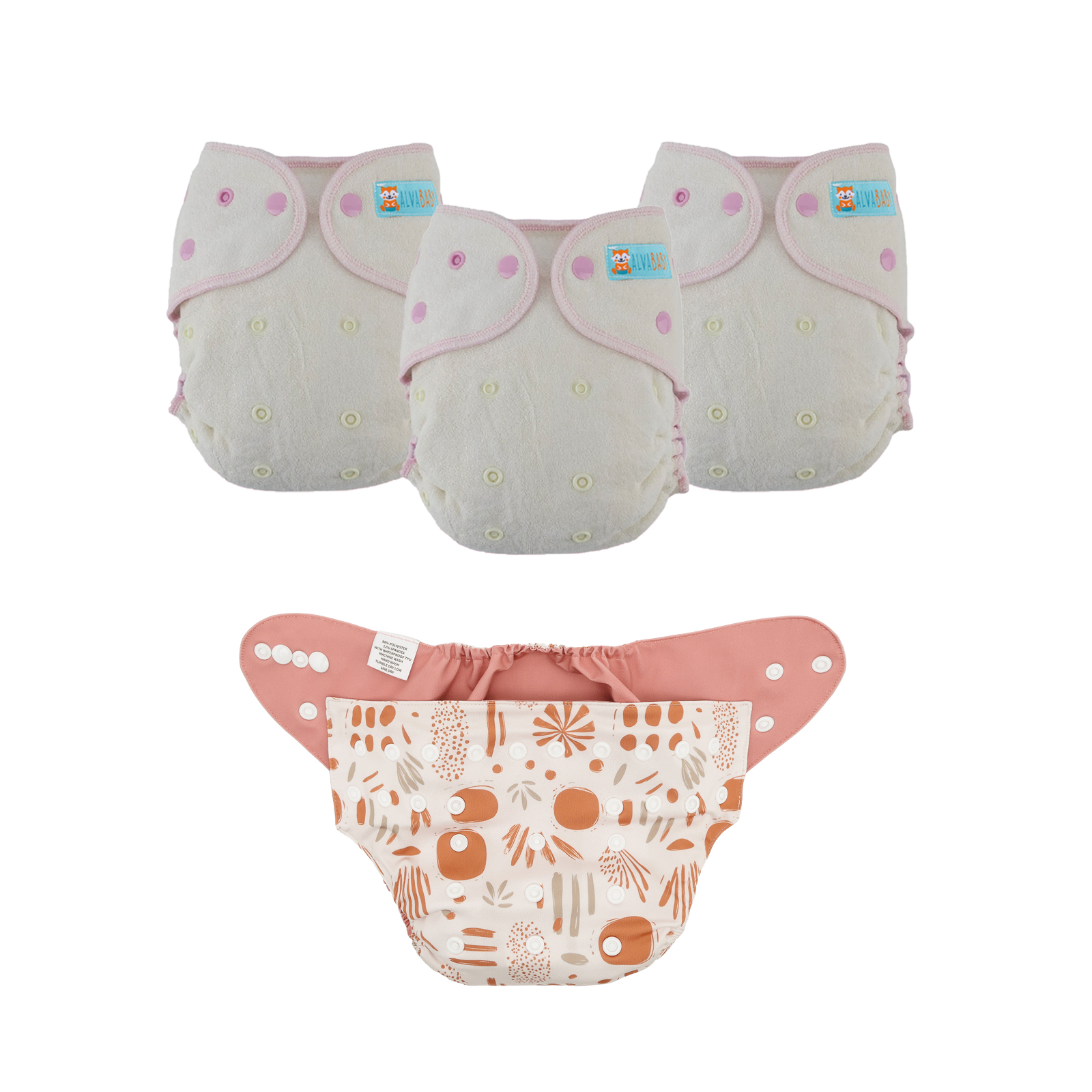 Bundle of 3 Bamboo Fitted Cloth Diapers with 1 Diaper Shell