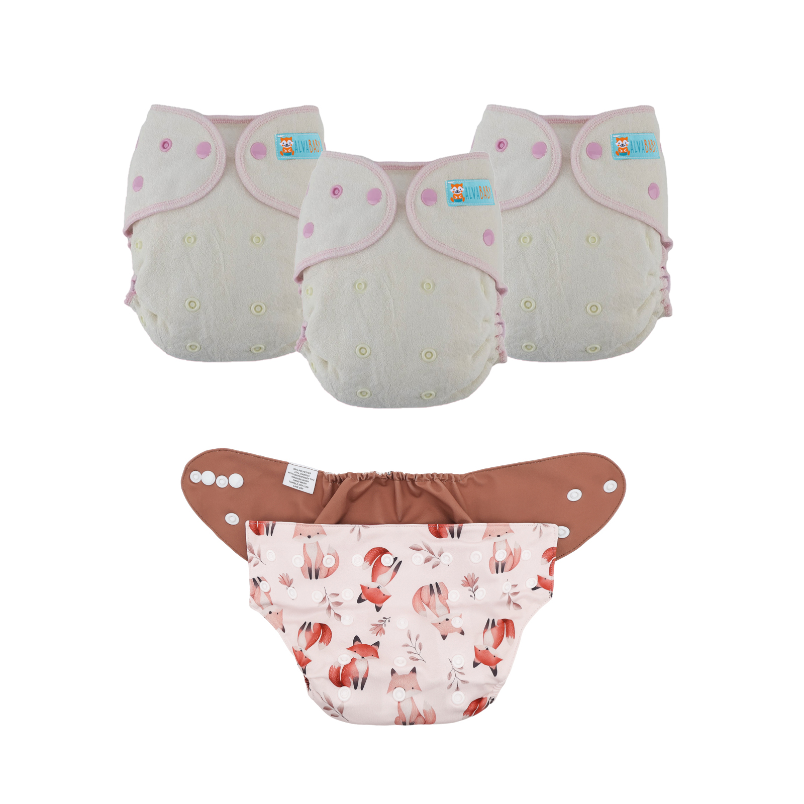 Bundle of 3 Bamboo Fitted Cloth Diapers with 1 Diaper Shell