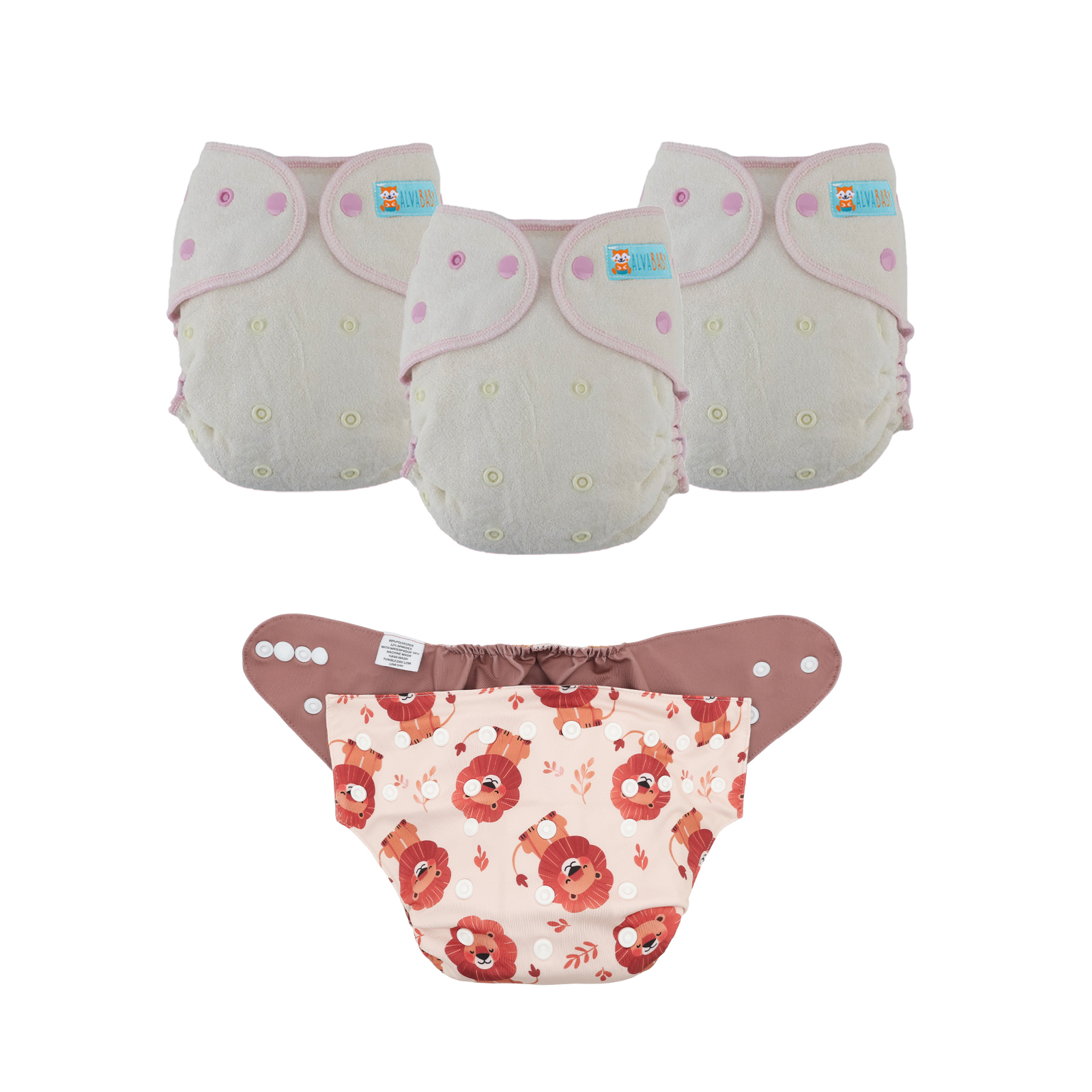 Bundle of 3 Bamboo Fitted Cloth Diapers with 1 Diaper Shell