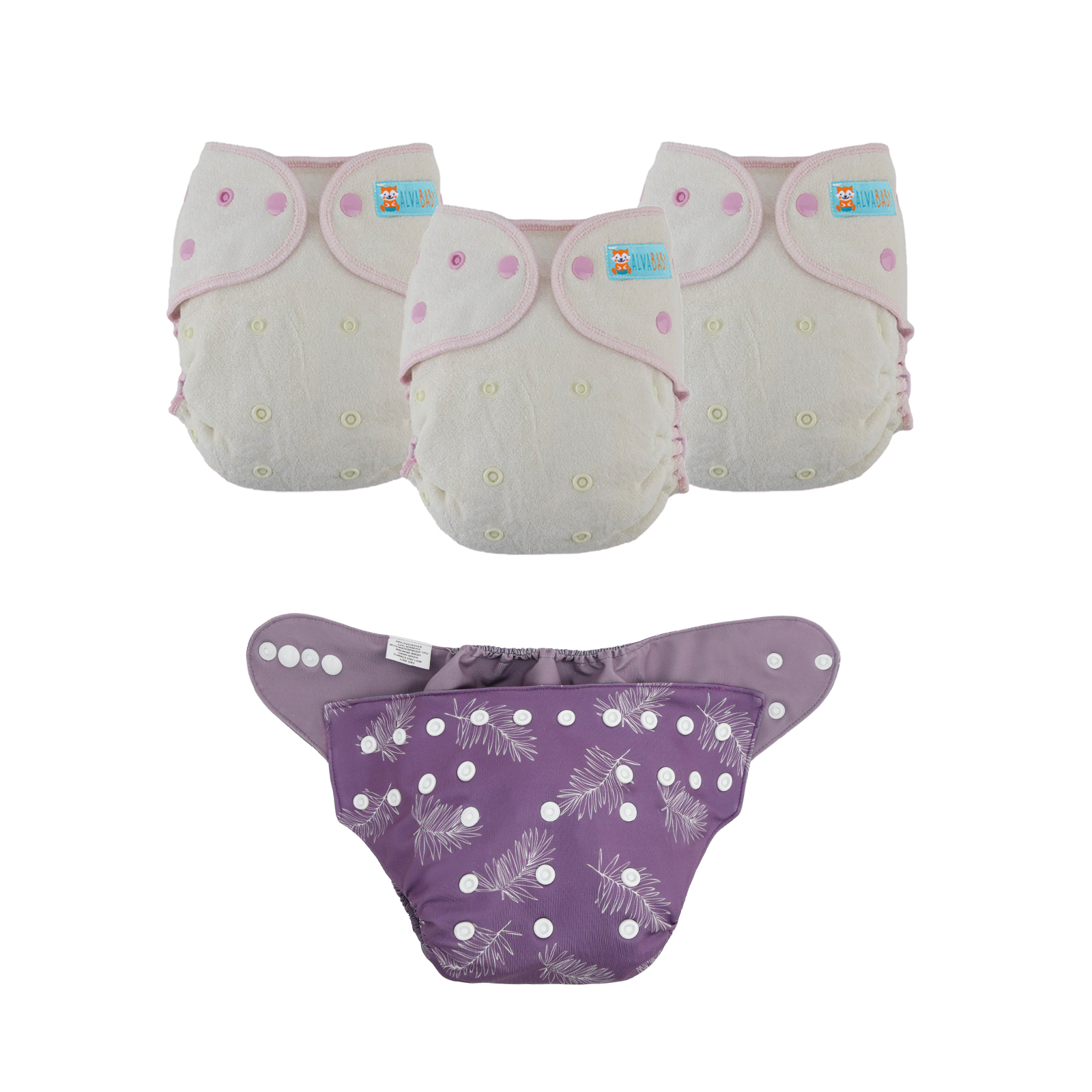 Bundle of 3 Bamboo Fitted Cloth Diapers with 1 Diaper Shell