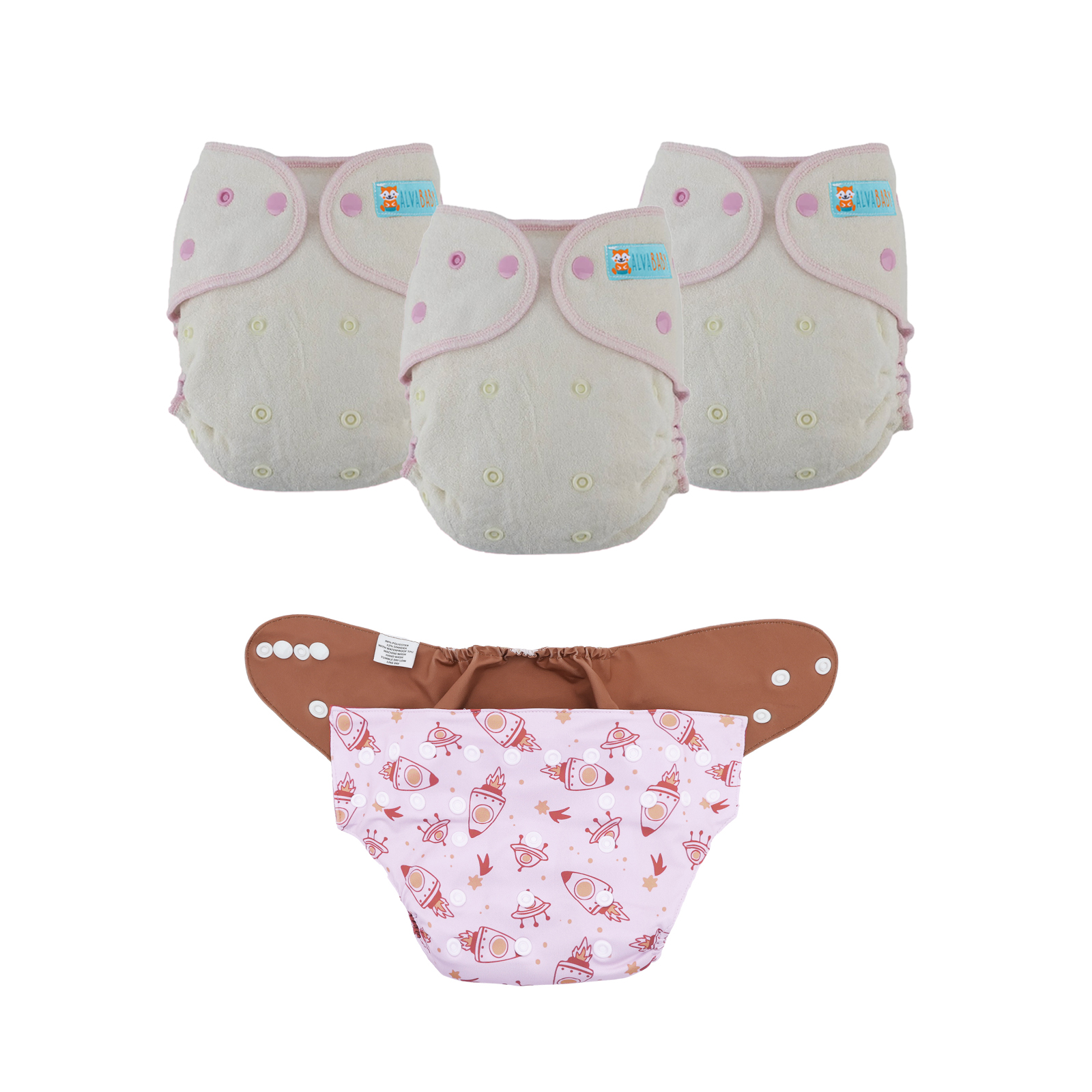 Bundle of 3 Bamboo Fitted Cloth Diapers with 1 Diaper Shell