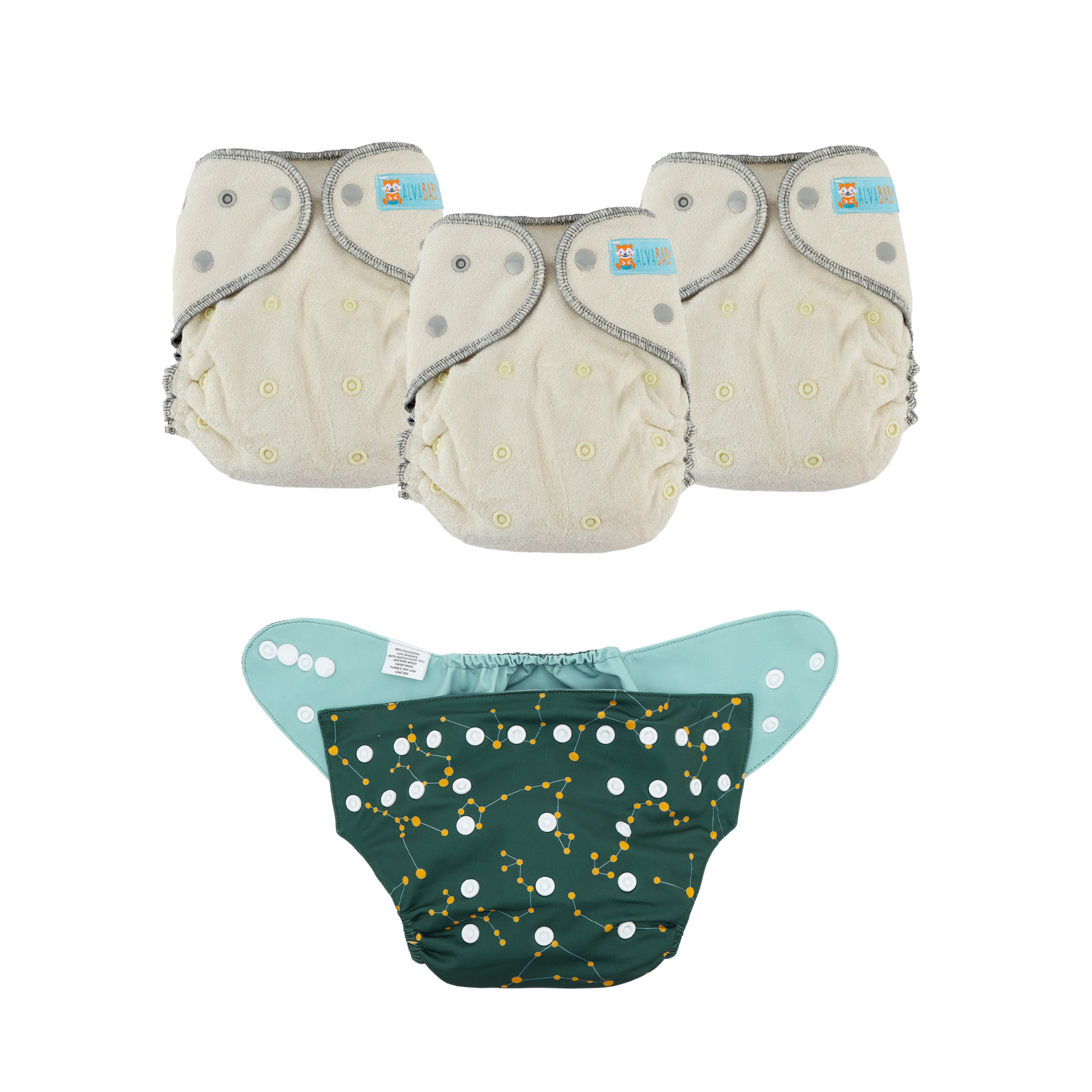 Bundle of 3 Bamboo Fitted Cloth Diapers with 1 Diaper Shell