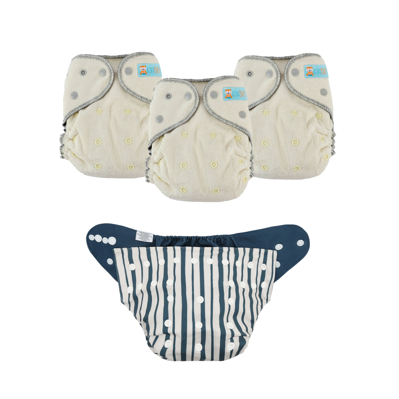 Bundle of 3 Bamboo Fitted Cloth Diapers with 1 Diaper Shell