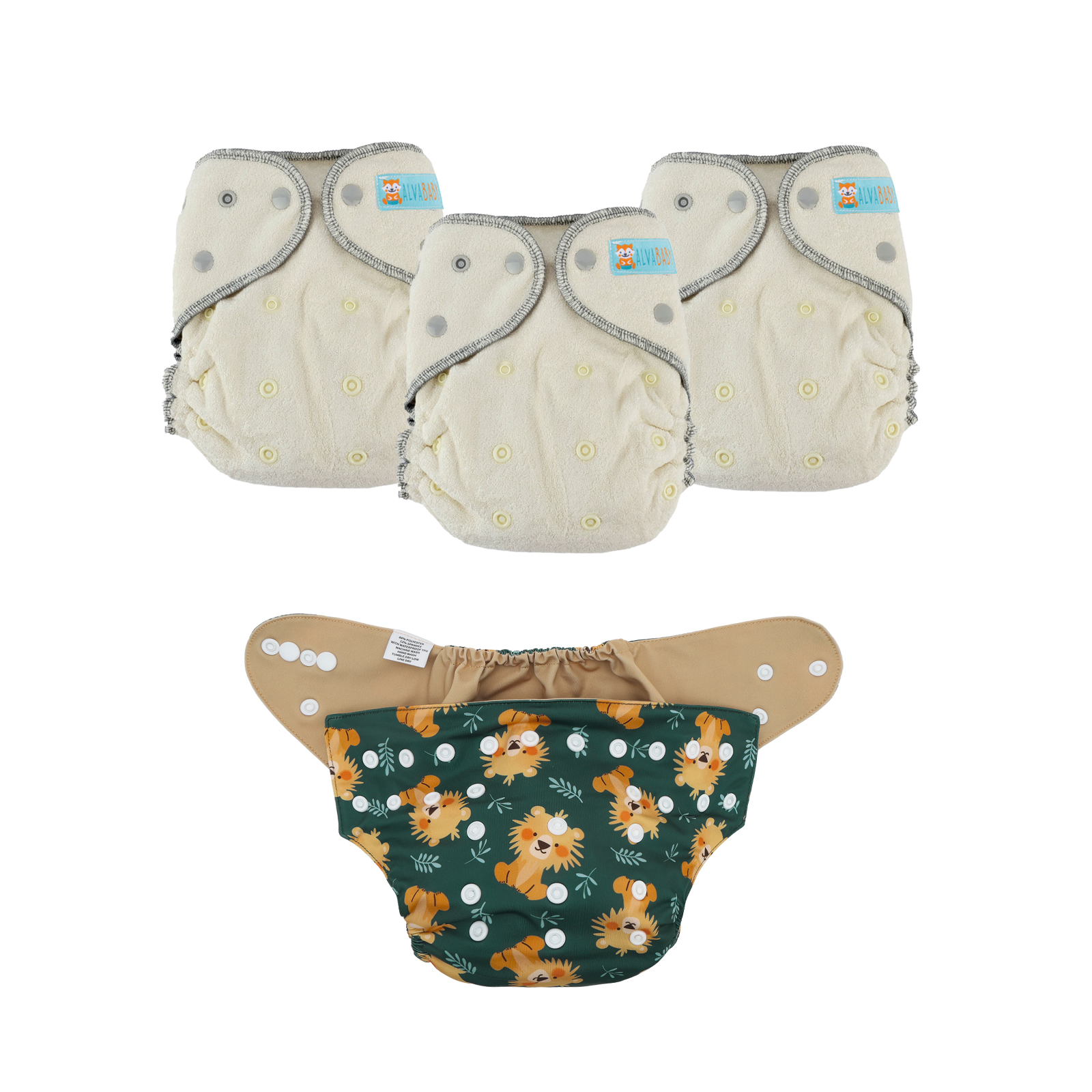 Bundle of 3 Bamboo Fitted Cloth Diapers with 1 Diaper Shell