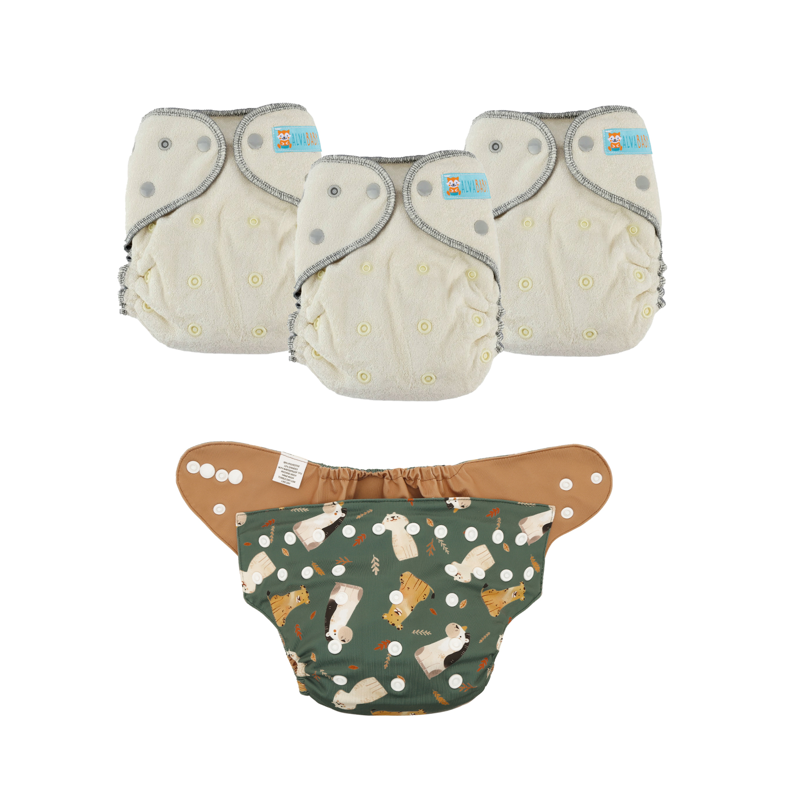 Bundle of 3 Bamboo Fitted Cloth Diapers with 1 Diaper Shell