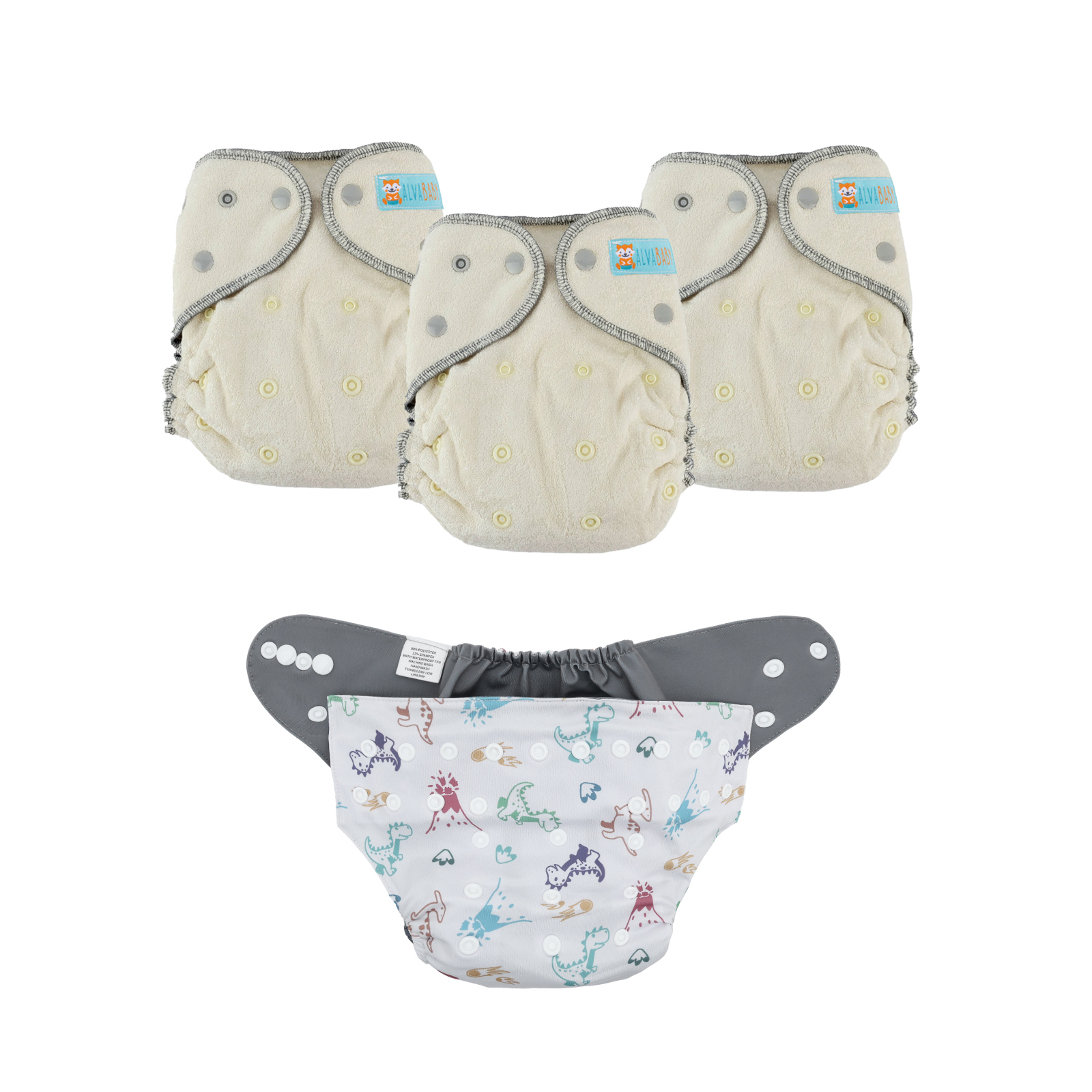 Bundle of 3 Bamboo Fitted Cloth Diapers with 1 Diaper Shell