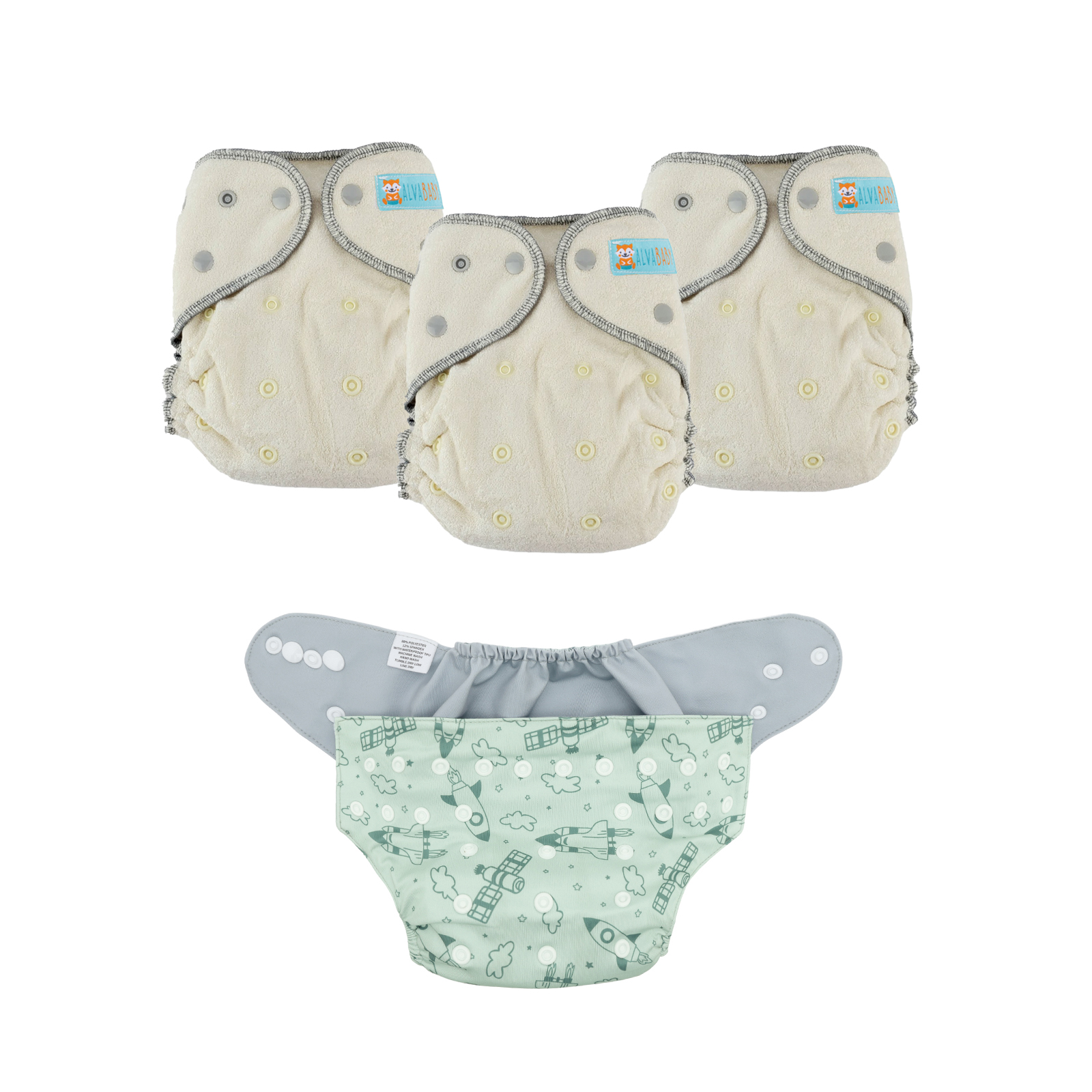 Bundle of 3 Bamboo Fitted Cloth Diapers with 1 Diaper Shell