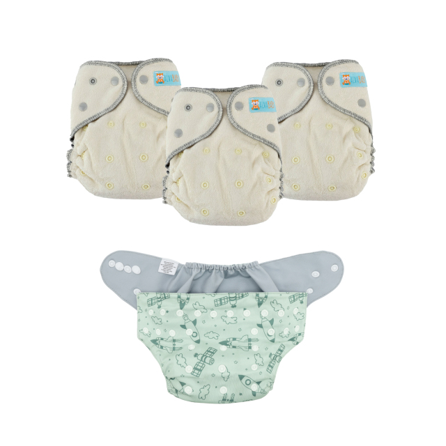 Bundle of 3 Bamboo Fitted Cloth Diapers with 1 Diaper Shell