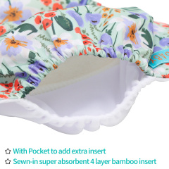 All In One Diaper with Pocket Sewn-in one 4-layer Bamboo blend insert (Flowers, AO-ED24A)
