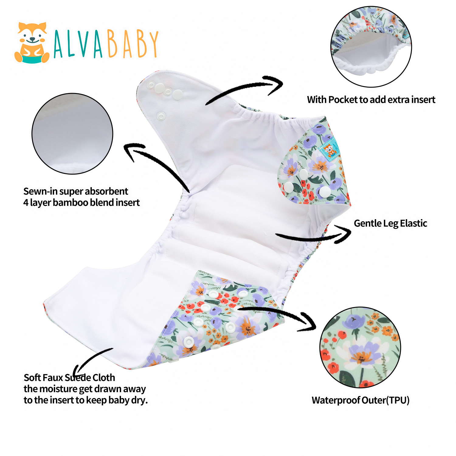 All In One Diaper with Pocket Sewn-in one 4-layer Bamboo blend insert (AO-B29A)