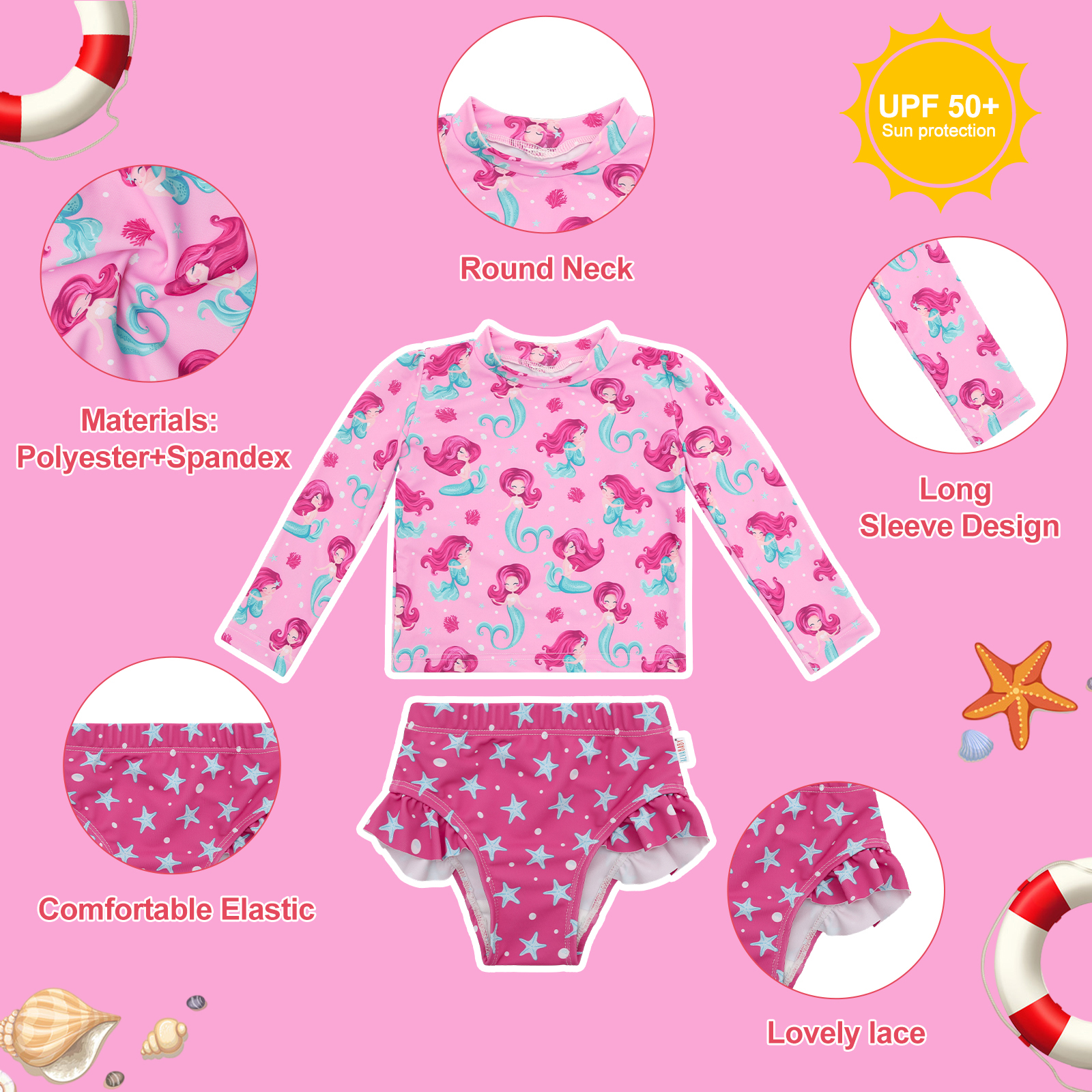 ALVABABY Baby Girl Long Sleeve Swimsuit – Rash Guard Swimwear with UPF 50+ Sun Protection(Mermaid, ST-P04)