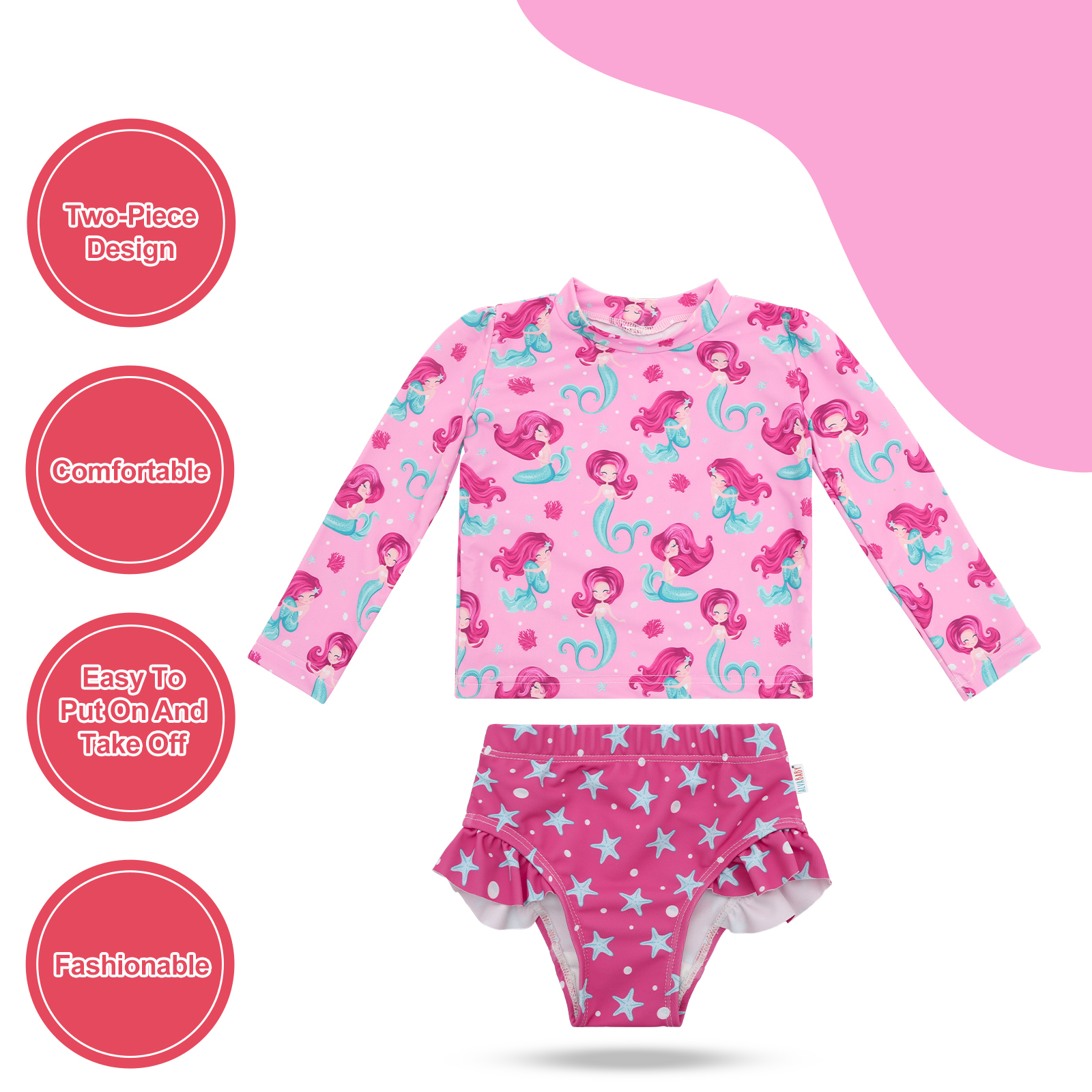 ALVABABY Baby Girl Long Sleeve Swimsuit – Rash Guard Swimwear with UPF 50+ Sun Protection(Mermaid, ST-P04)