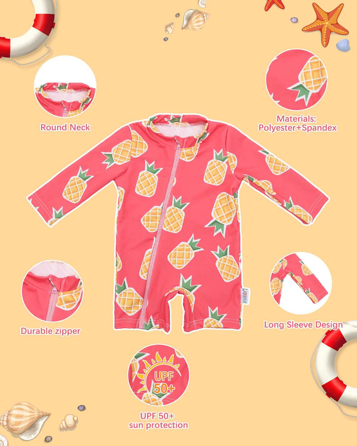 ALVABABY Baby Long Sleeve Swimsuit, One-Piece Rash Guard Set with UPF 50+ Sun Protection(Pineapple, ST-Q02)