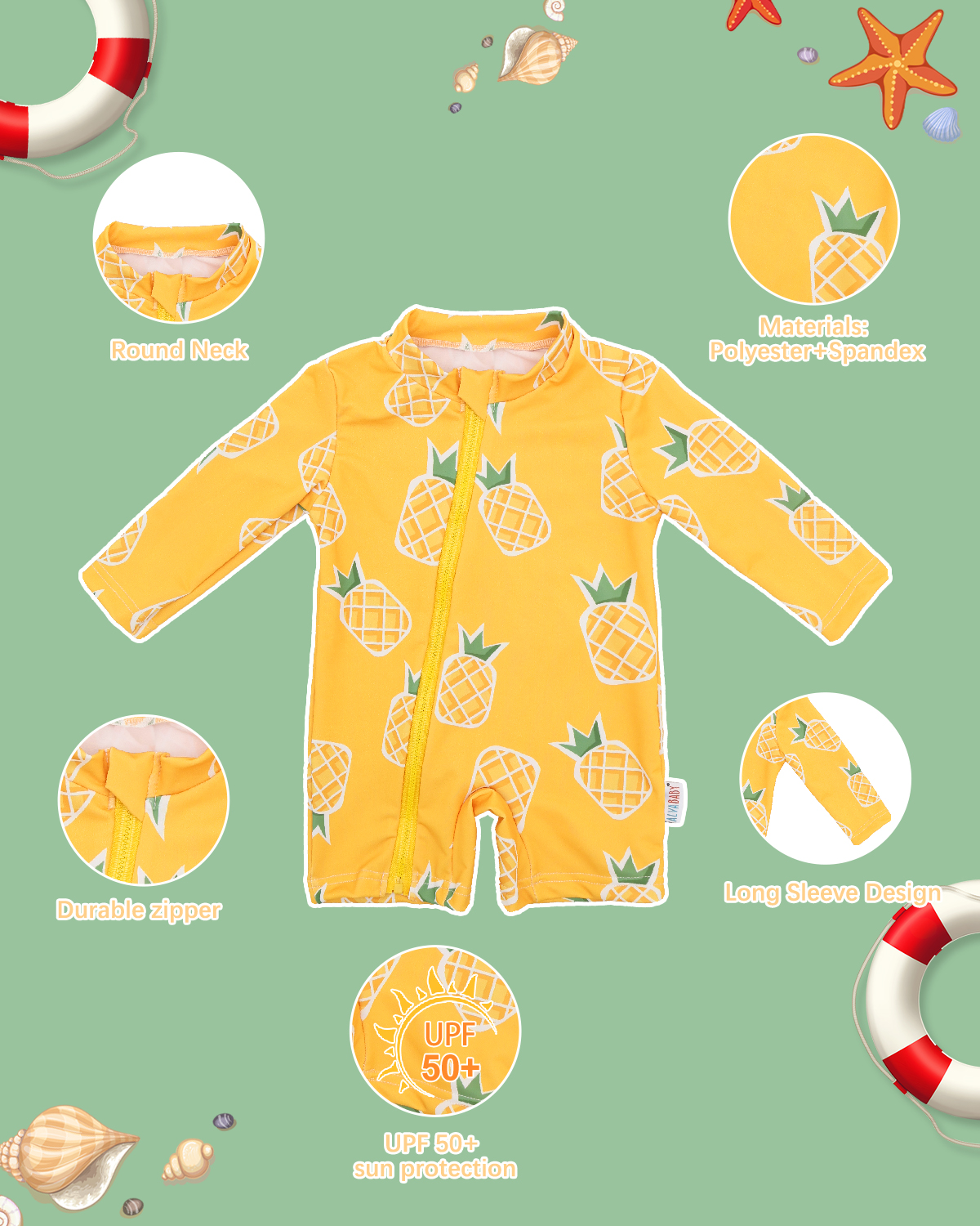 ALVABABY Baby Long Sleeve Swimsuit, One-Piece Rash Guard Set with UPF 50+ Sun Protection(Pineapple, ST-Q04)