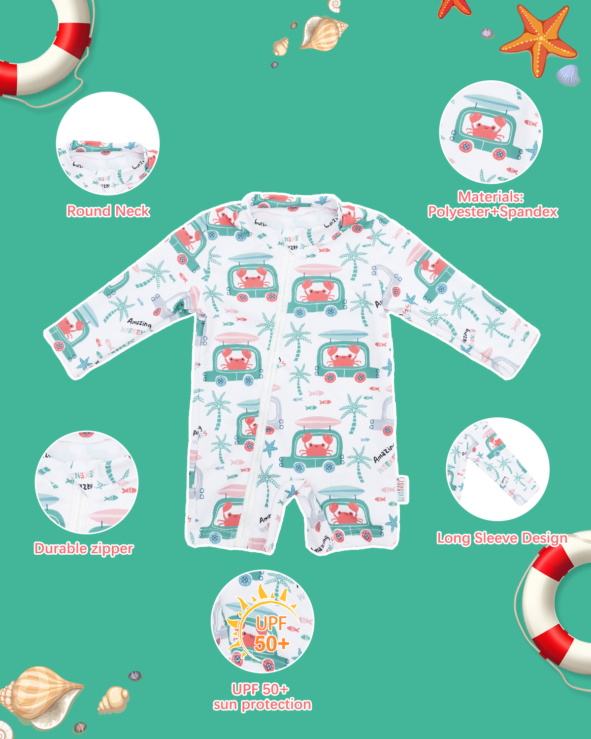 ALVABABY Baby Long Sleeve Swimsuit, One-Piece Rash Guard Set with UPF 50+ Sun Protection(Crab, ST-Q05)