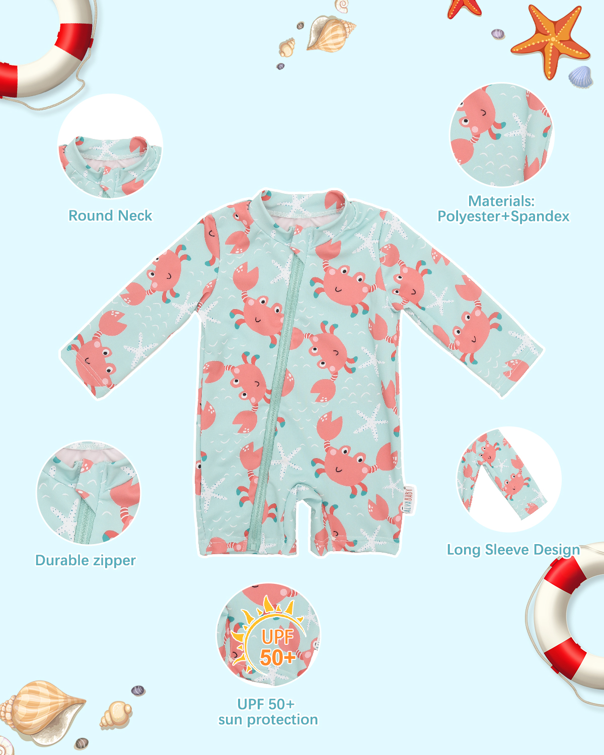 ALVABABY Baby Long Sleeve Swimsuit, One-Piece Rash Guard Set with UPF 50+ Sun Protection(Crab, ST-Q08)
