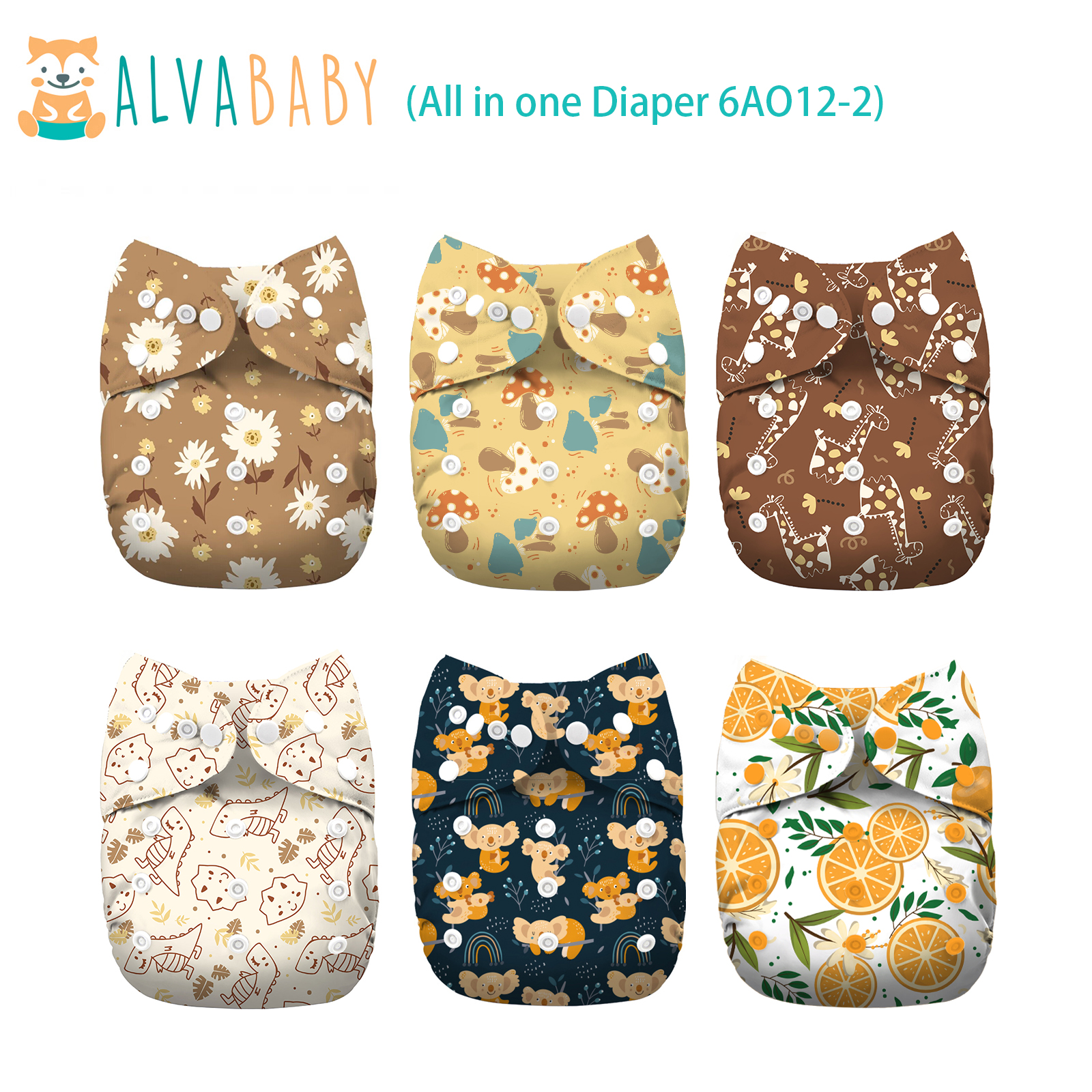 6-Pack All In One Diapers - One Size Adjustable & Reusable AIO Cloth Diaper for Infants & Toddlers