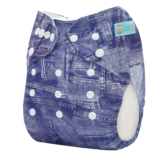 ALVABABY Bamboo Diaper One Size Reusable Cloth Diaper with one 4-layer Bamboo Blend Insert -Jean(BJ01)