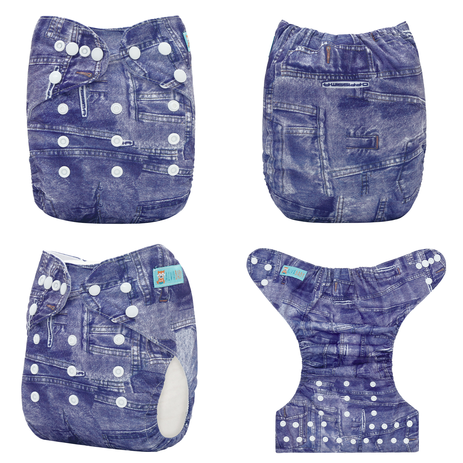 ALVABABY Bamboo Diaper One Size Reusable Cloth Diaper with one 4-layer Bamboo Blend Insert -Jean(BJ01)