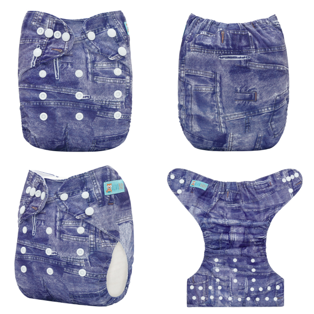 ALVABABY Bamboo Diaper One Size Reusable Cloth Diaper with one 4-layer Bamboo Blend Insert -Jean(BJ01)
