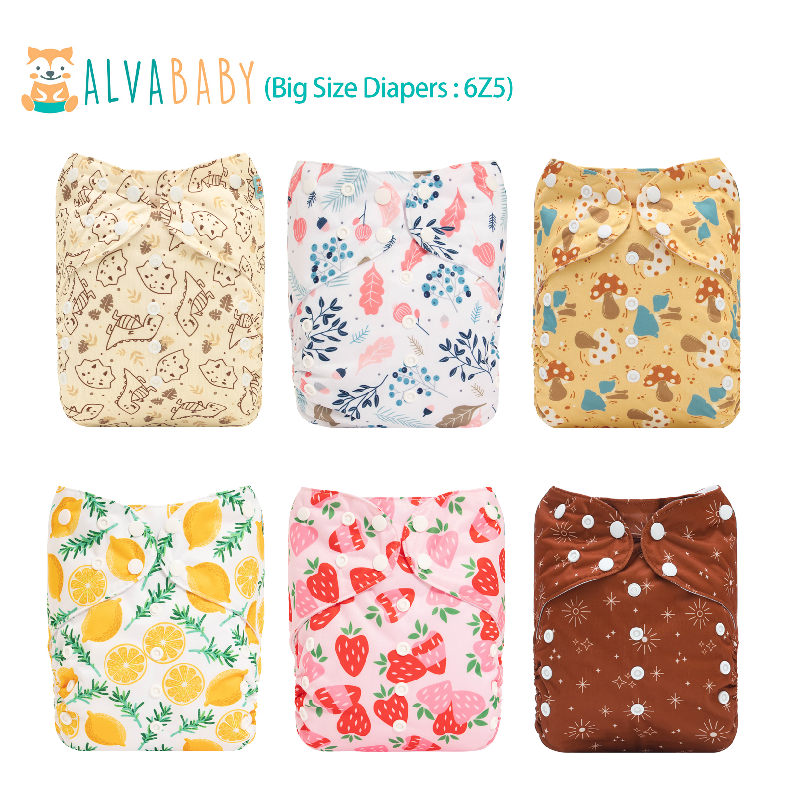 6-Pack Big Size Cloth Diapers with 6 Microfiber Inserts(4 Layer) - Adjustable & Reusable Pocket Diapers for Toddlers