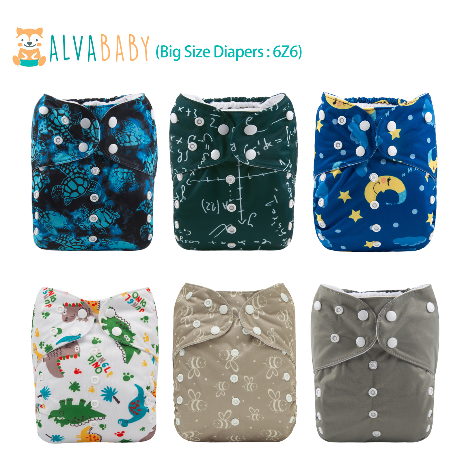 6-Pack Big Size Cloth Diapers with 6 Microfiber Inserts(4 Layer) - Adjustable & Reusable Pocket Diapers for Toddlers