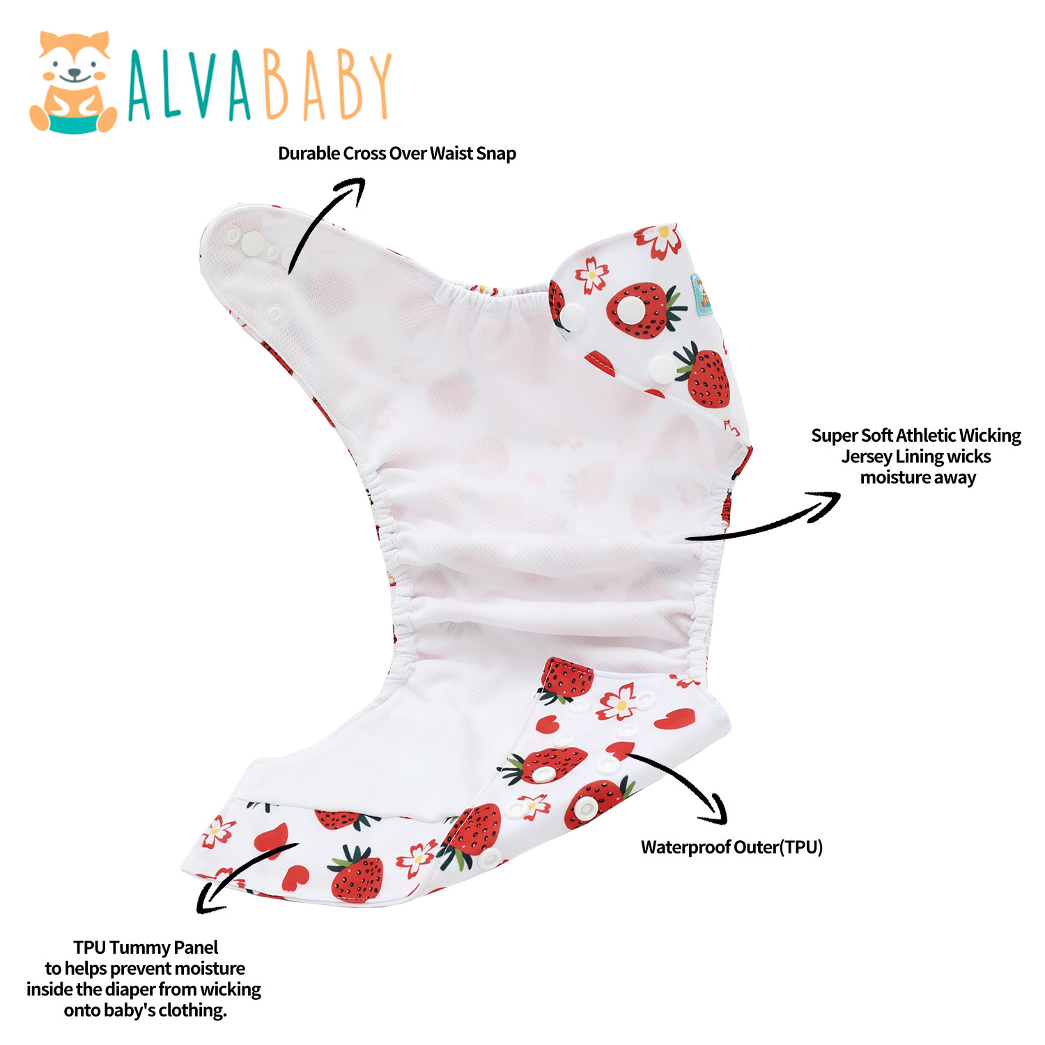 ALVABABY AWJ Lining Cloth Diaper with Tummy Panel for Babies -Strawberry (WJT-EW58A)