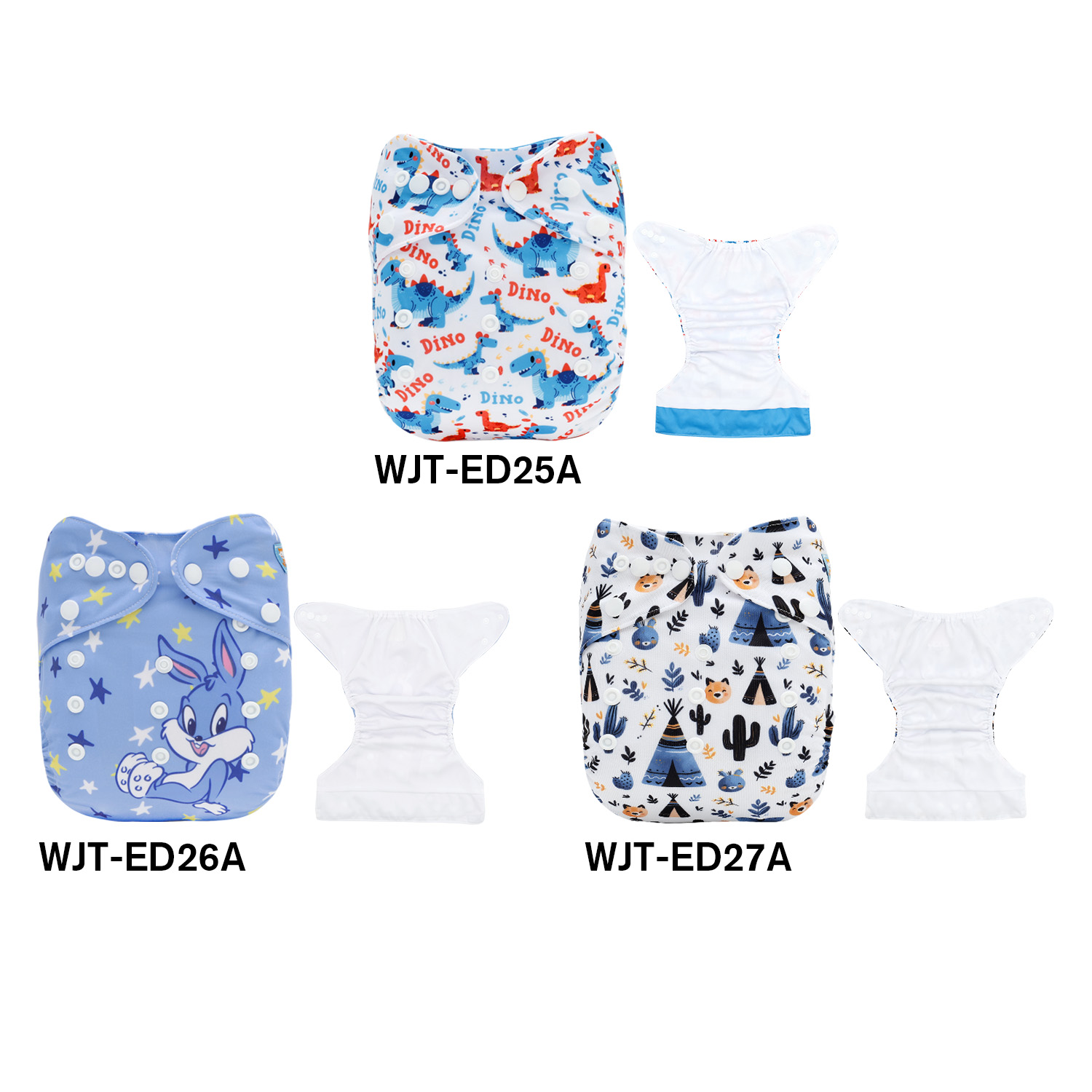 (Various Patterns) AWJ Cloth Diaper with Tummy Panel come with 4-layers-bamboo insert - One Size Adjustable & Reusable Pocket Diapers for Summer