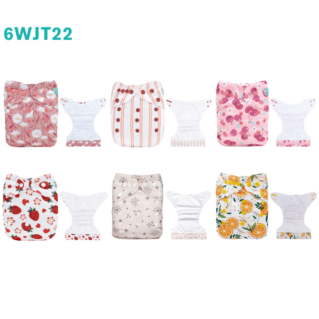6-Pack AWJ Cloth Diapers with 6 Bamboo Inserts (4 Layers) - One Size Adjustable & Reusable Pocket Diapers for Summer