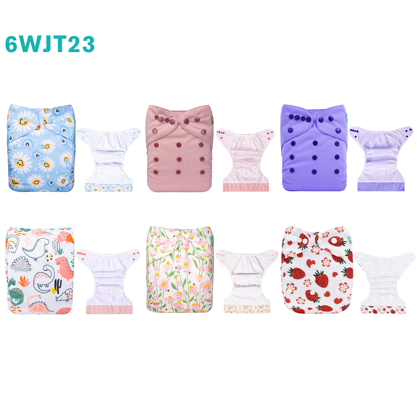 6-Pack AWJ Cloth Diapers with 6 Bamboo Inserts (4 Layers) - One Size Adjustable & Reusable Pocket Diapers for Summer