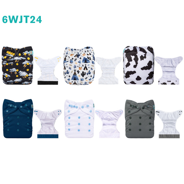 6-Pack AWJ Cloth Diapers with 6 Bamboo Inserts (4 Layers) - One Size Adjustable & Reusable Pocket Diapers for Summer