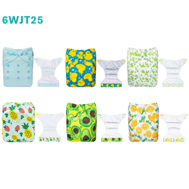 6-Pack AWJ Cloth Diapers with 6 Bamboo Inserts (4 Layers) - One Size Adjustable & Reusable Pocket Diapers for Summer