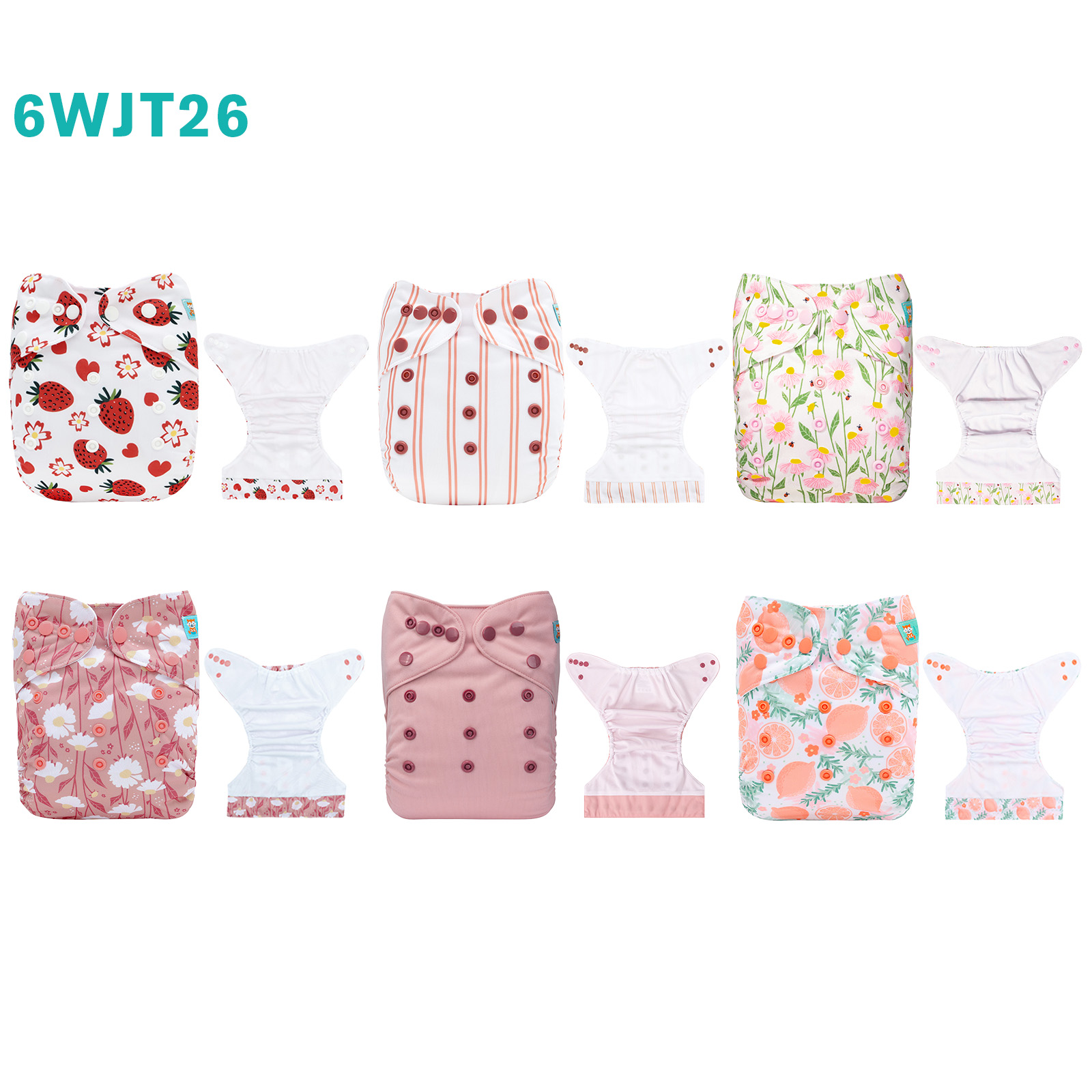 6-Pack AWJ Cloth Diapers with 6 Bamboo Inserts (4 Layers) - One Size Adjustable & Reusable Pocket Diapers for Summer