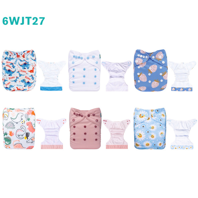 6-Pack AWJ Cloth Diapers with 6 Bamboo Inserts (4 Layers) - One Size Adjustable & Reusable Pocket Diapers for Summer