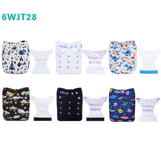 6-Pack AWJ Cloth Diapers with 6 Bamboo Inserts (4 Layers) - One Size Adjustable & Reusable Pocket Diapers for Summer