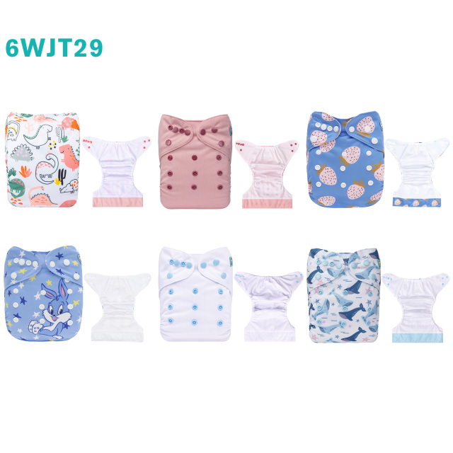 6-Pack AWJ Cloth Diapers with 6 Bamboo Inserts (4 Layers) - One Size Adjustable & Reusable Pocket Diapers for Summer