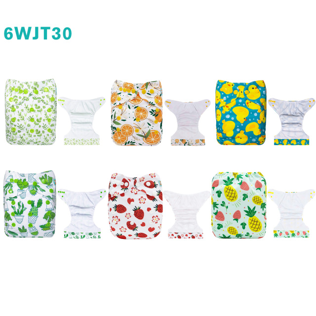 6-Pack AWJ Cloth Diapers with 6 Bamboo Inserts (4 Layers) - One Size Adjustable & Reusable Pocket Diapers for Summer