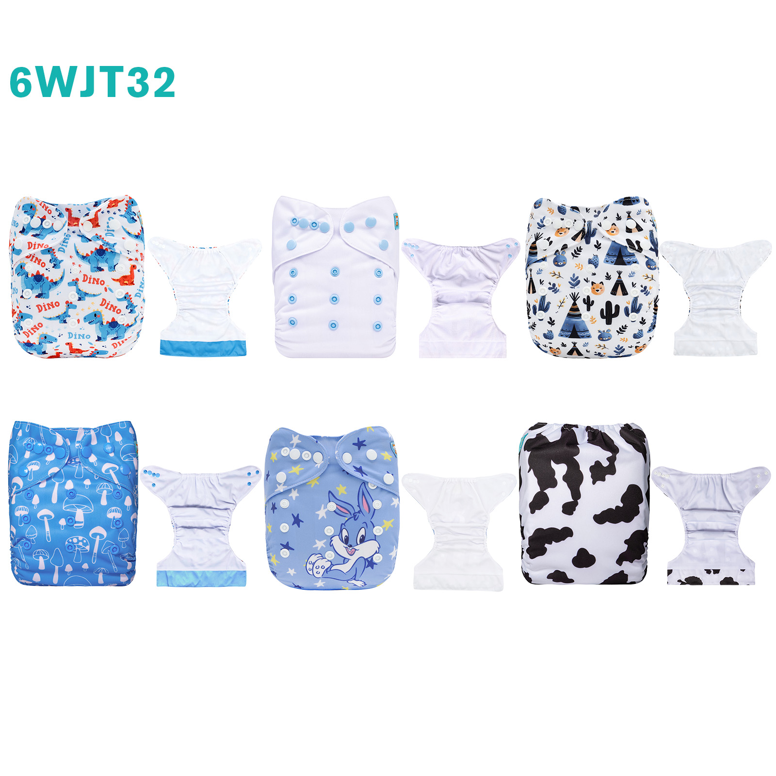 6-Pack AWJ Cloth Diapers with 6 Bamboo Inserts (4 Layers) - One Size Adjustable & Reusable Pocket Diapers for Summer