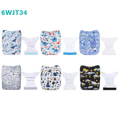 6-Pack AWJ Cloth Diapers with 6 Bamboo Inserts (4 Layers) - One Size Adjustable & Reusable Pocket Diapers for Summer